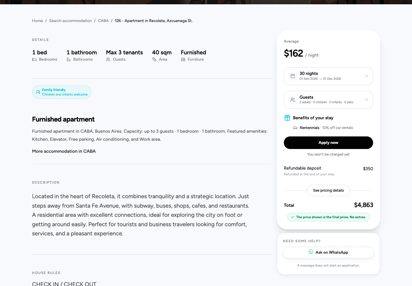 BeTrusty listing showing the selected alternative dates and updated price.