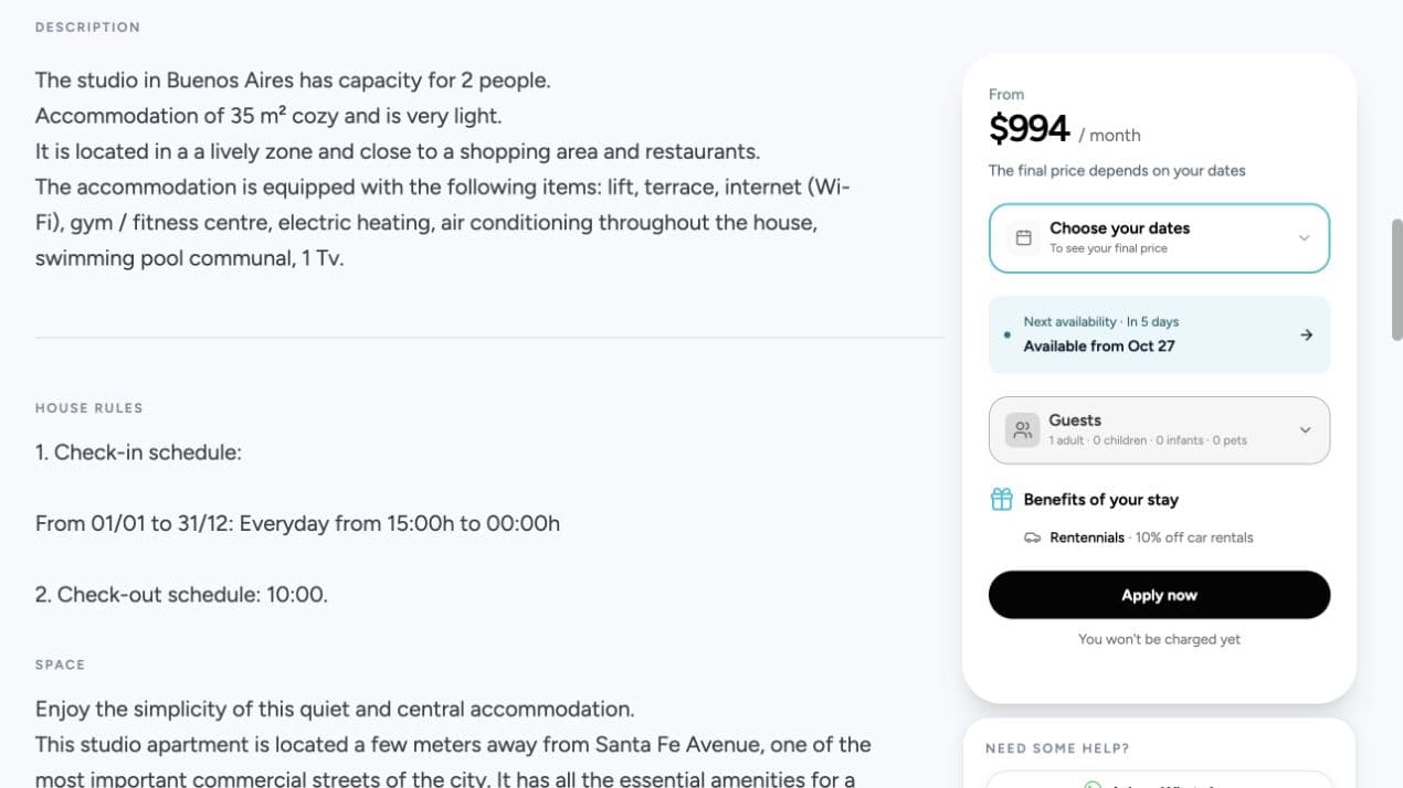 BeTrusty booking panel showing Benefits of your stay and Rentennials · 10% off car rentals above Apply now.